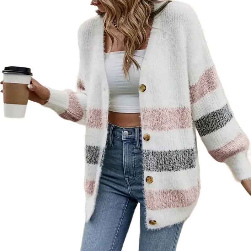 Style Autumn/Winter Striped Faux Mink Knit Cardigan for Women, V-Neck, Loose Bohemian Knitted Sweater Coat