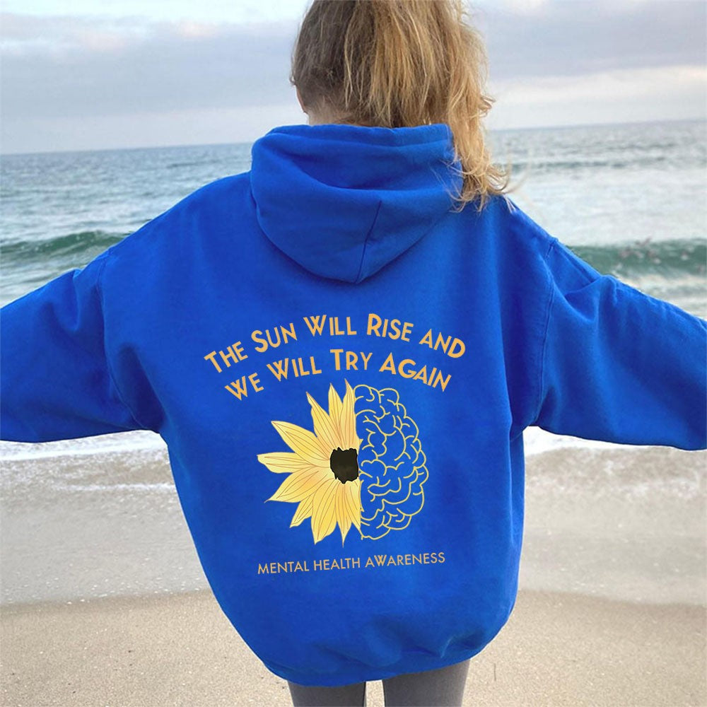 Hoodie with Sunflower Print, Oversized Sleeve, Casual Hooded Sweatshirt