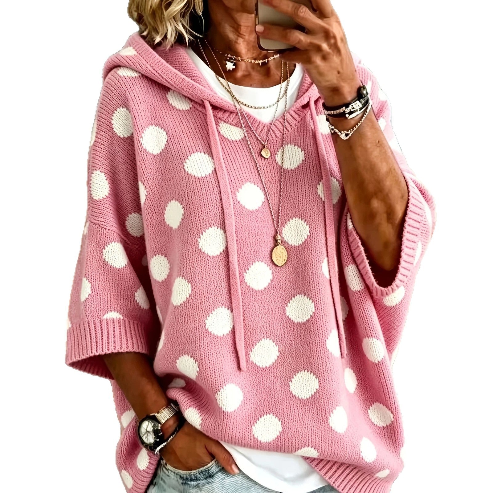 Elegant Loose Casual Style Polka Dot Hooded Women's Wool Sweater Top