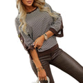 Stripe Knit Long Sleeve Round Neck Metal Button Pullover Hoodie