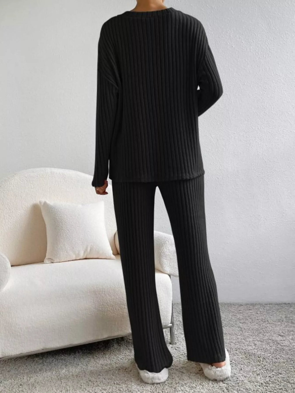 Ribbed Knit V-Neck Top and Pants Set