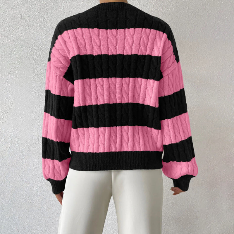 Autumn Winter Knitwear Fashion Vintage Striped Color-block Sweater Loose Casual Versatile Top