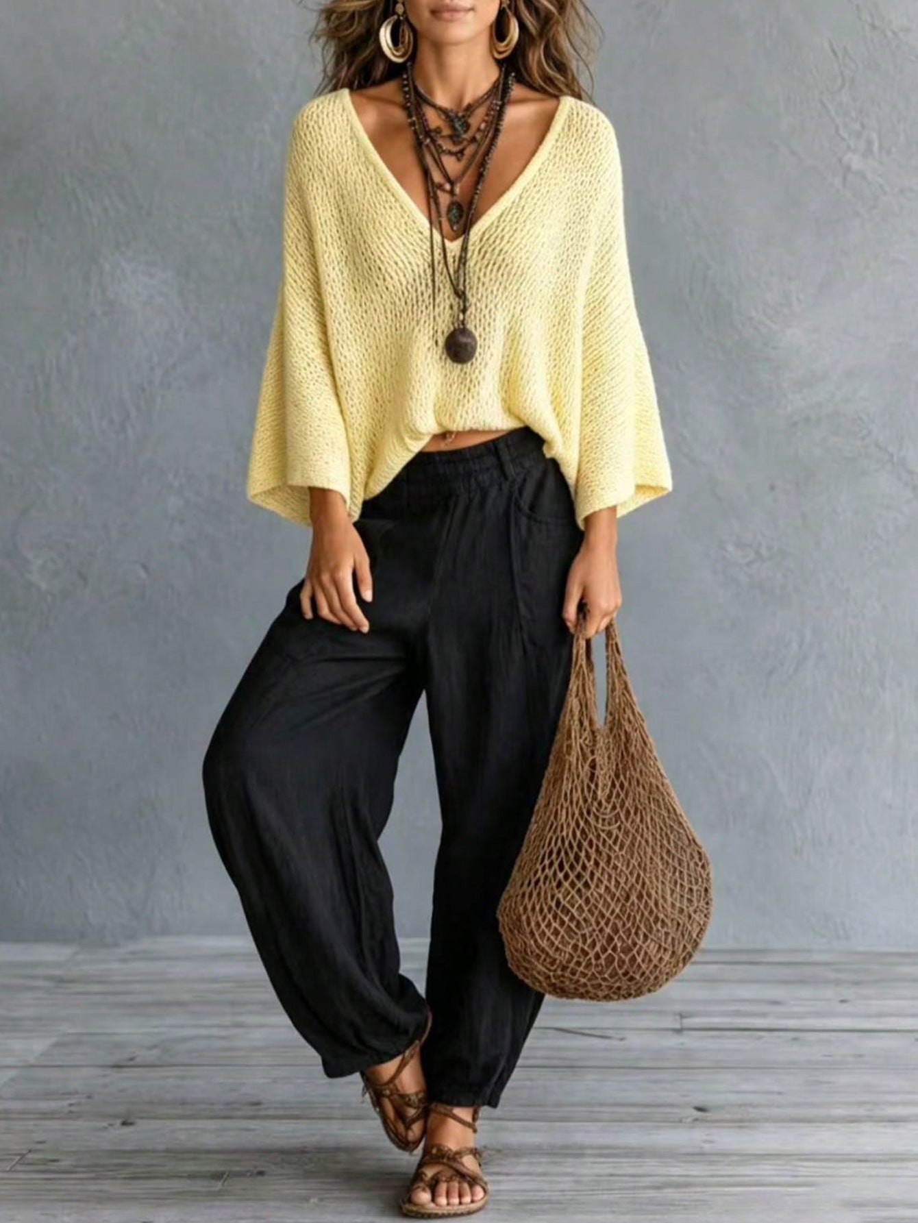 Retro Beach Hollow Knit Sweater Deep V Neck Drop Shoulder Batwing Sleeve Loose Slim Fit Solid Color Pullover Top
