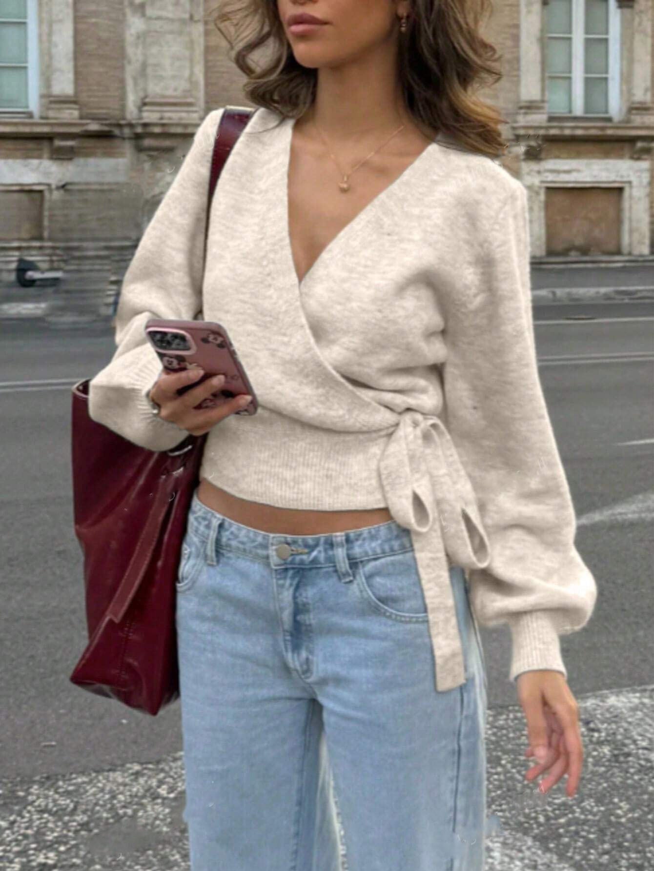V-neck Knit Top Autumn Winter Irregular Tie Elegant Crop Top for Women