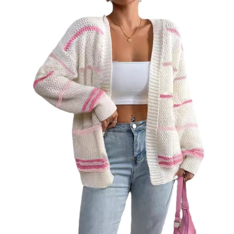 Clothing  Autumn/Winter Rainbow Stripe Knit Cardigan Women's Sweater Fashion Loose Casual Versatile Knit Outerwear
