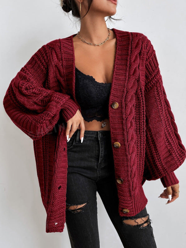V-neck sweater women retro fashion loose cable knit lantern sleeve cardigan knit jacket