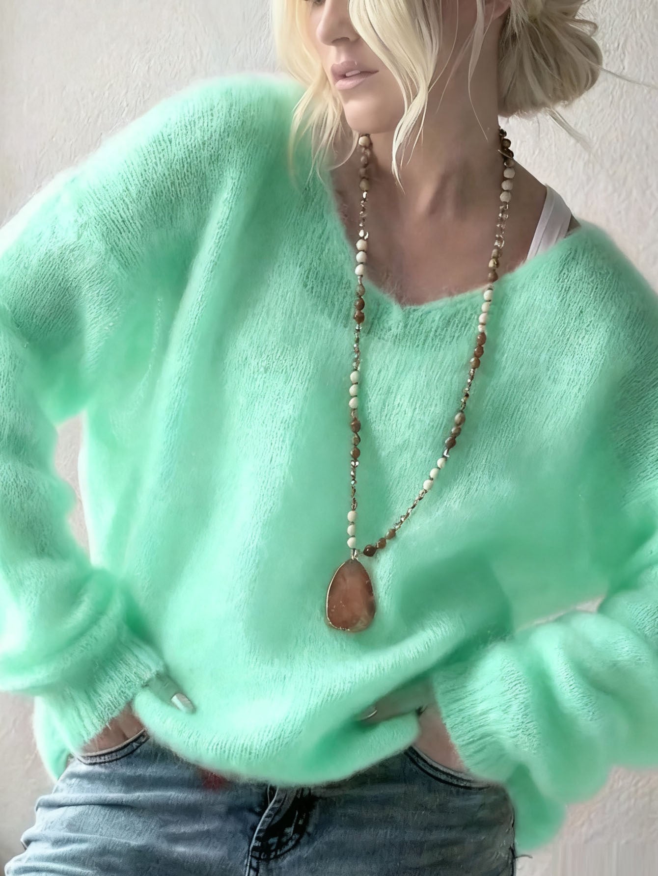 V-neck sweater for women, fashion elegant regular knitwear, solid color sweater