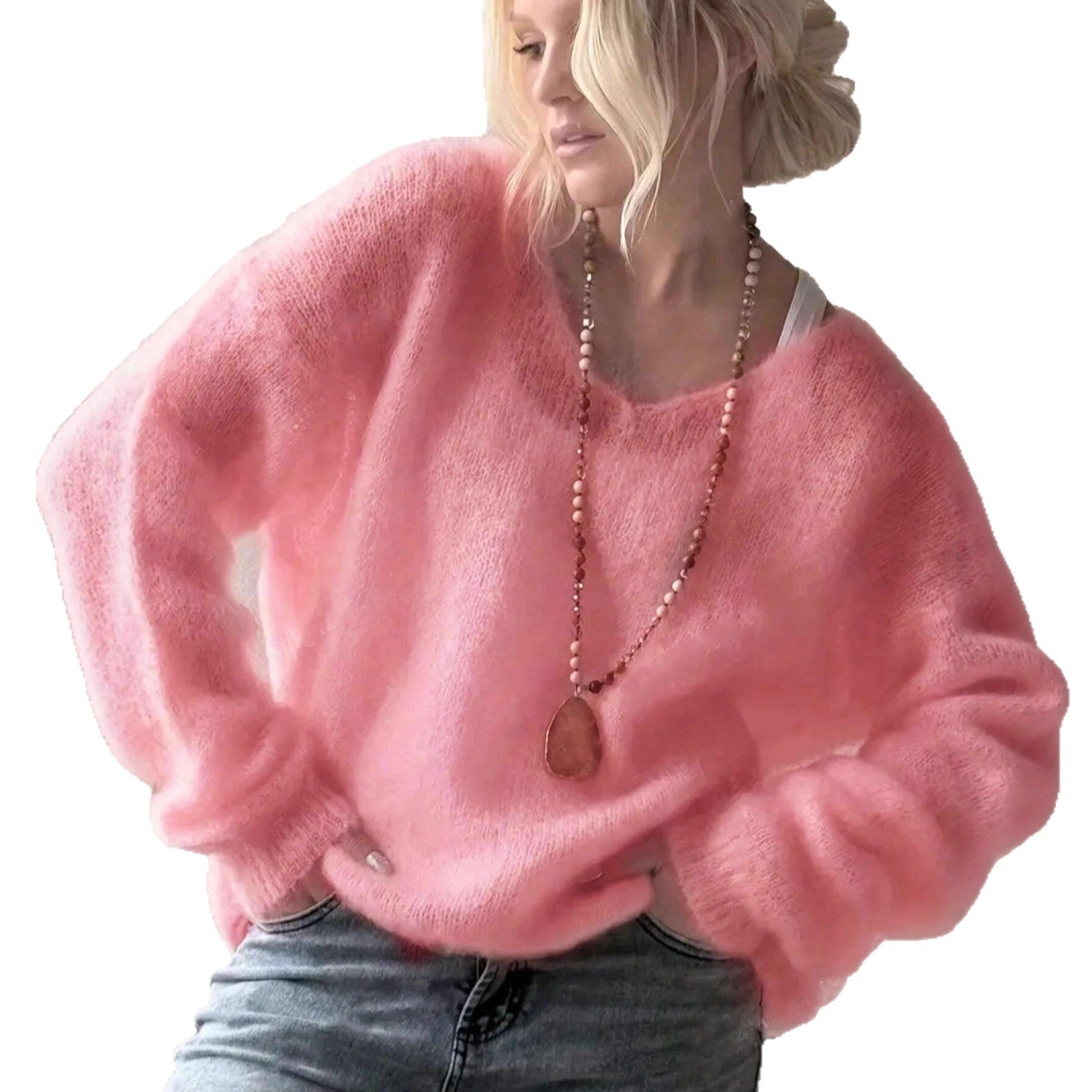 V-neck sweater for women, fashion elegant regular knitwear, solid color sweater