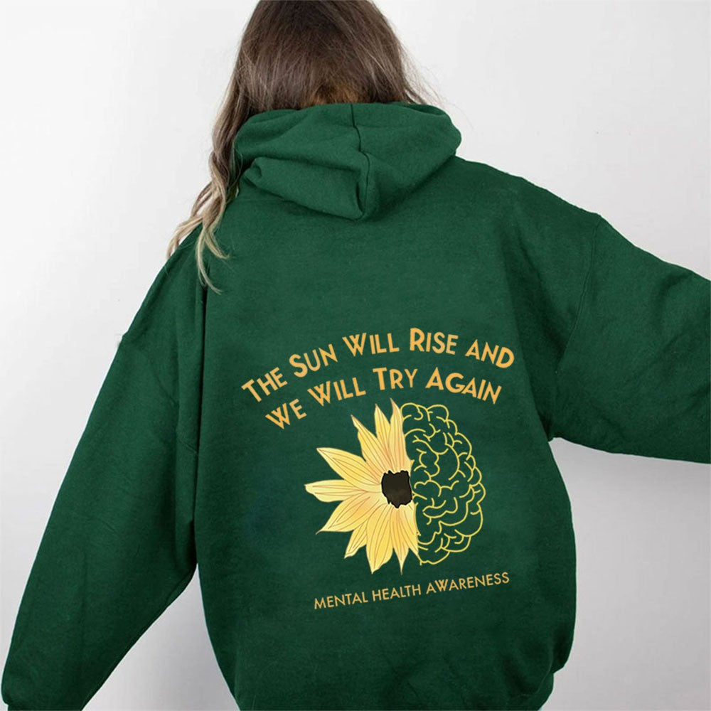 Hoodie with Sunflower Print, Oversized Sleeve, Casual Hooded Sweatshirt