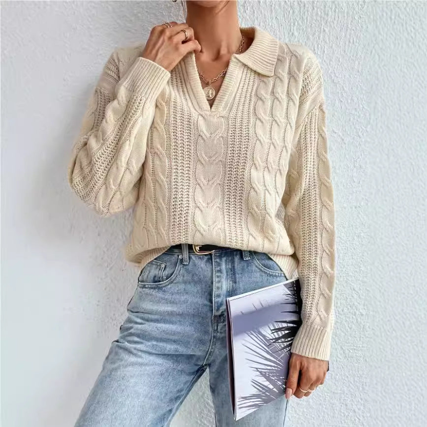 Style Plain Color Short Sleeve Polo Neck Knit Sweater Top for Women