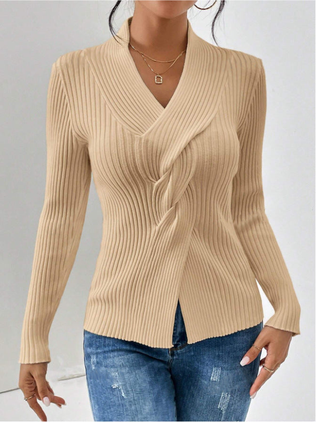Women's knit sweater, fashion elegant, ribbed hem with slit, long sleeve, solid color, slim fit pullover