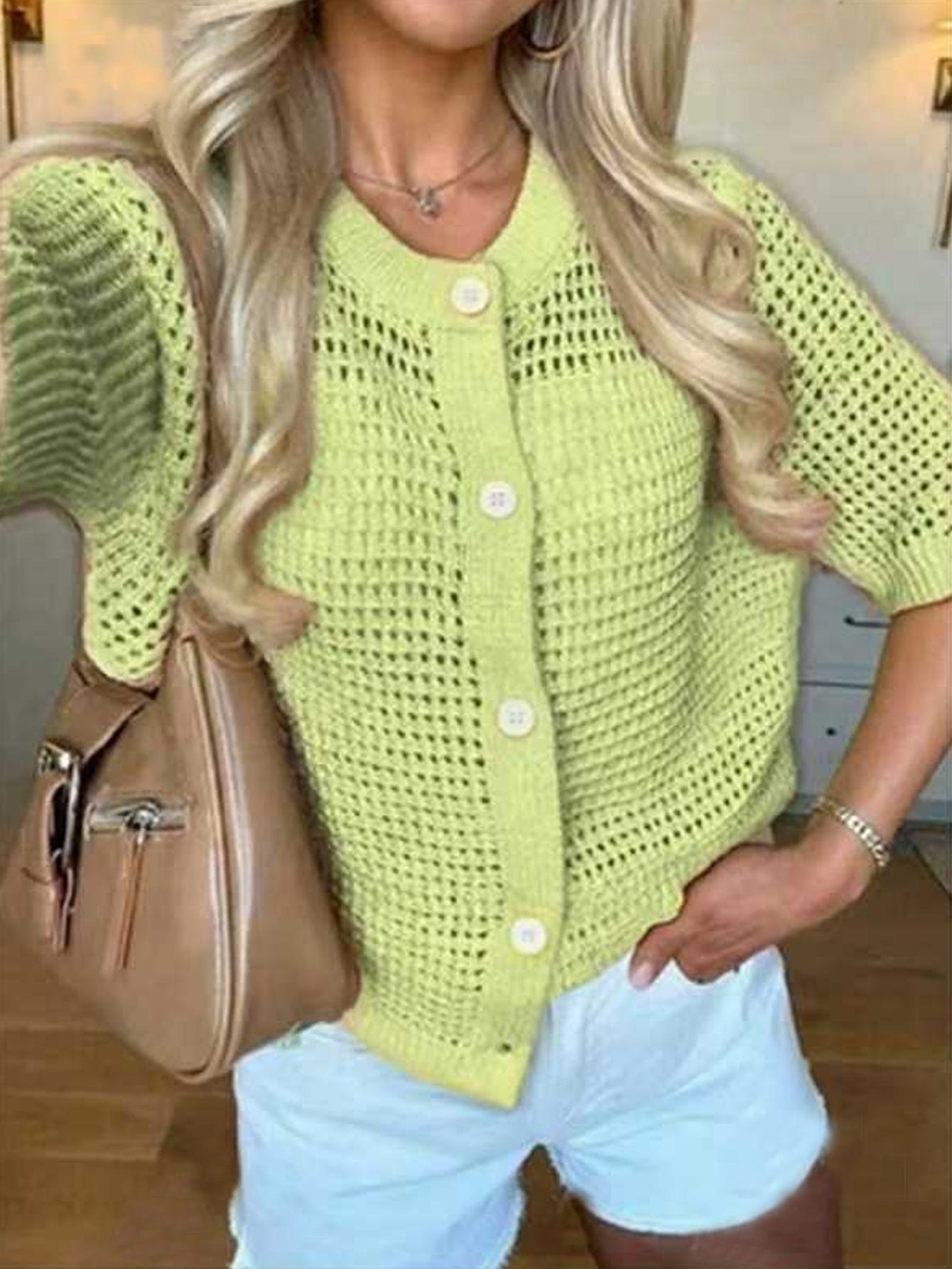 Women's Knit Short Sleeve Open Front Cardigan Top with Round Neck and Hollow Design Solid Color Sweater