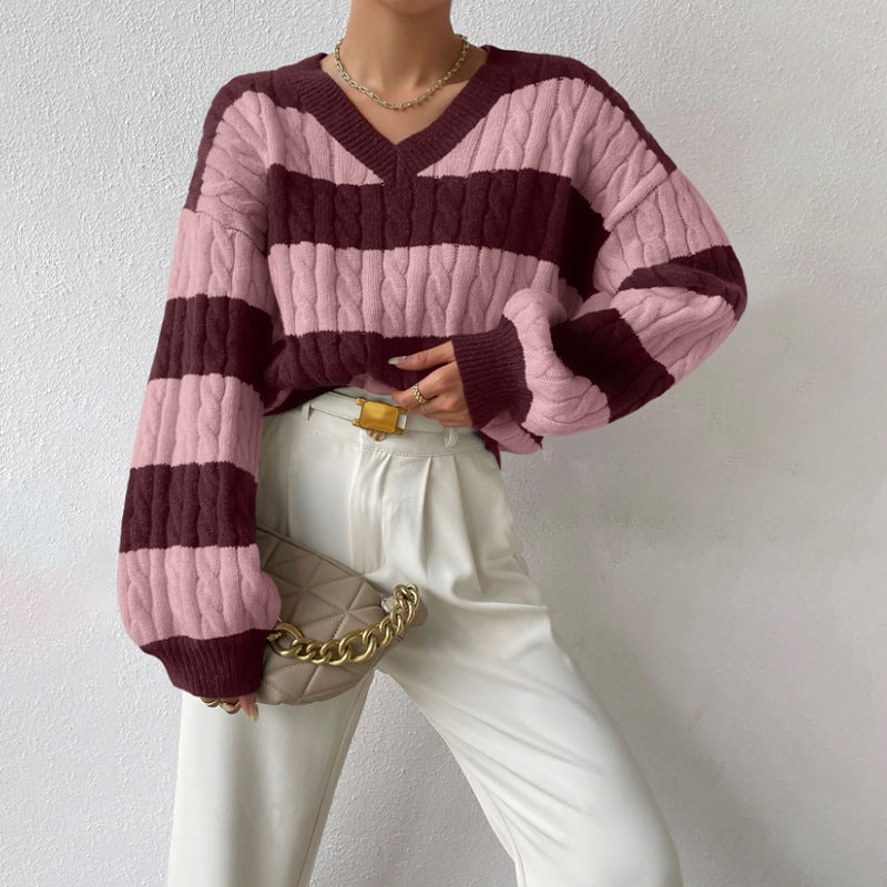 Autumn Winter Knitwear Fashion Vintage Striped Color-block Sweater Loose Casual Versatile Top
