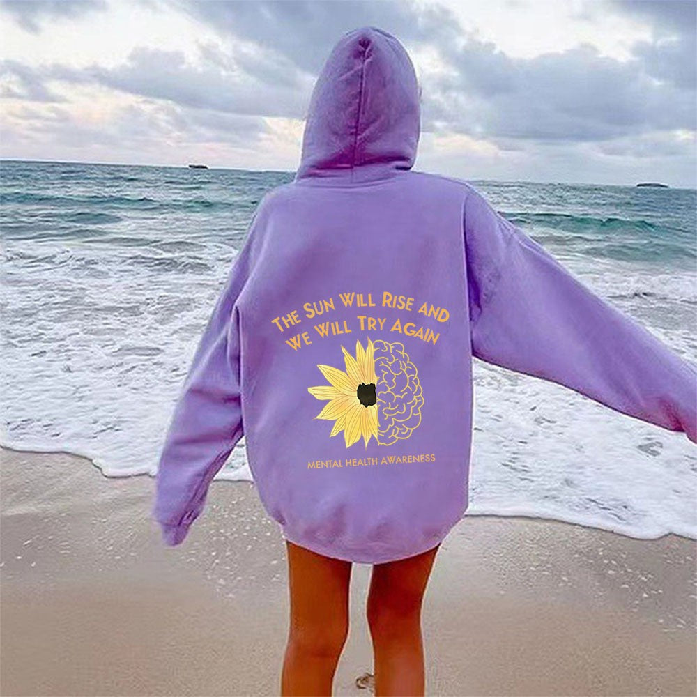 Hoodie with Sunflower Print, Oversized Sleeve, Casual Hooded Sweatshirt