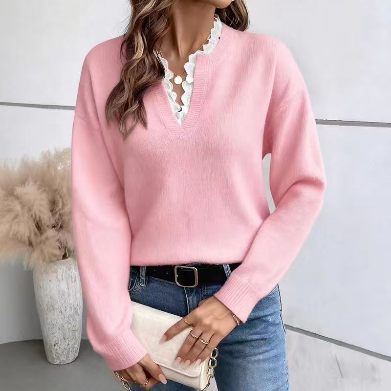 V-neck Lace Trim Sweater for Women, Loose Solid Color Long Sleeve Knit Pullover