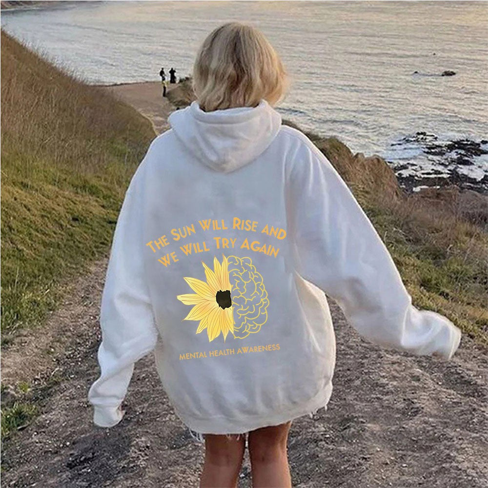 Hoodie with Sunflower Print, Oversized Sleeve, Casual Hooded Sweatshirt