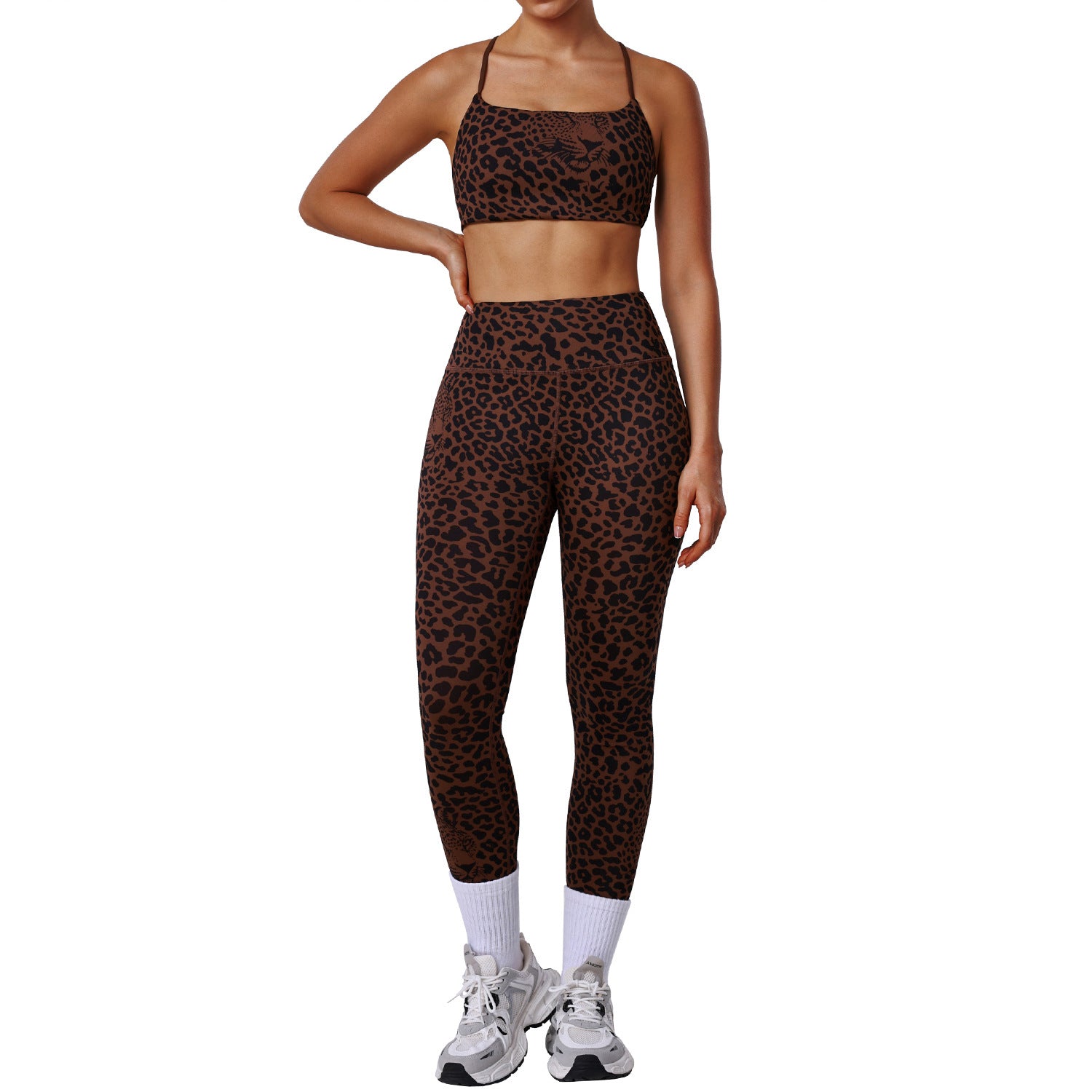 Fashion Leopard Print Bodycon Yoga Set for Women High Waist Butt-Lifting Pants Thin Strap Backless Sports Bra Workout Fitness Set