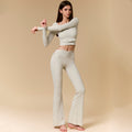 Sexy Fit-Flattering Fitness Set 3-Piece Crop Top with Open Back, Flared Pants, Slim-Fitting Yoga Workout Outfit