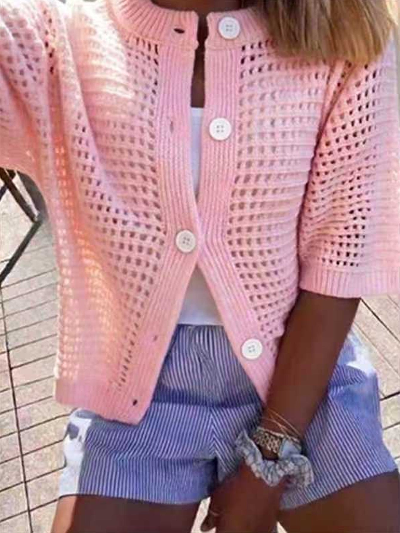 Women's Knit Short Sleeve Open Front Cardigan Top with Round Neck and Hollow Design Solid Color Sweater