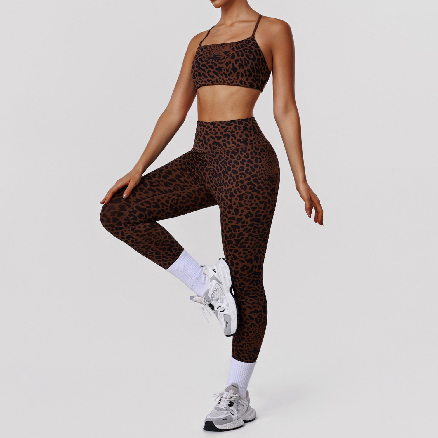 Fashion Leopard Print Bodycon Yoga Set for Women High Waist Butt-Lifting Pants Thin Strap Backless Sports Bra Workout Fitness Set