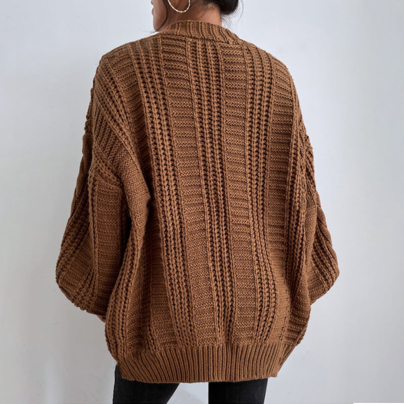 V-neck sweater women retro fashion loose cable knit lantern sleeve cardigan knit jacket