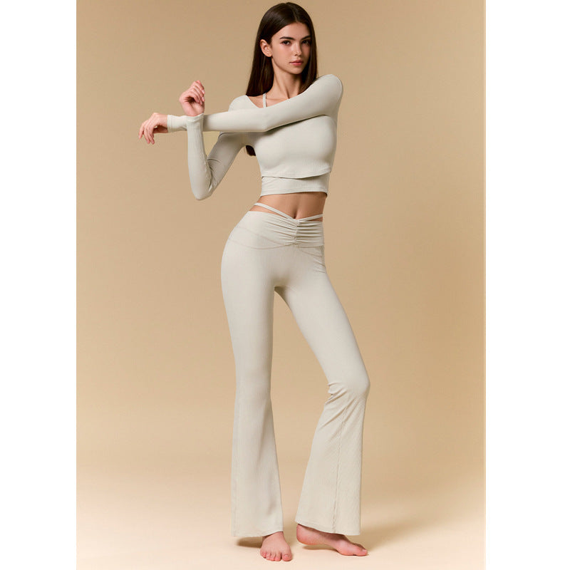 Sexy Fit-Flattering Fitness Set 3-Piece Crop Top with Open Back, Flared Pants, Slim-Fitting Yoga Workout Outfit