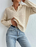 Style Plain Color Short Sleeve Polo Neck Knit Sweater Top for Women