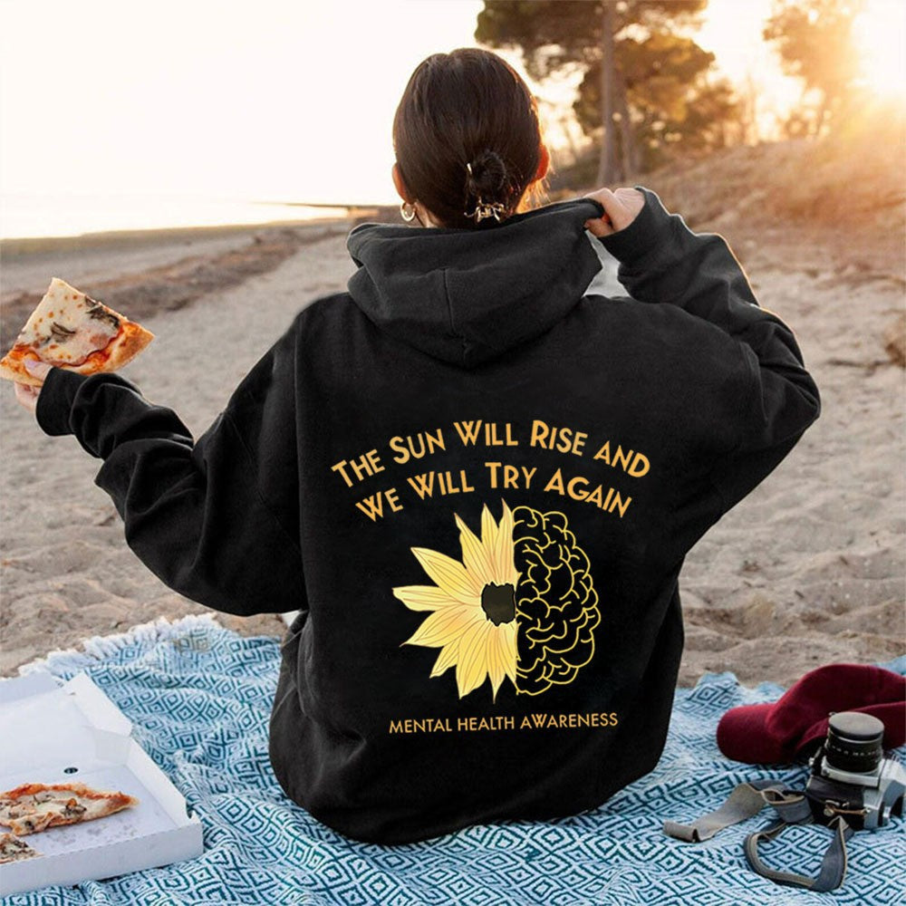 Hoodie with Sunflower Print, Oversized Sleeve, Casual Hooded Sweatshirt