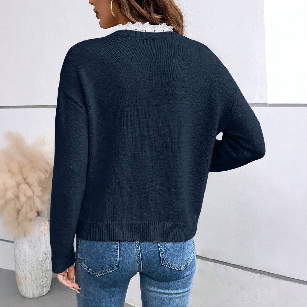 V-neck Lace Trim Sweater for Women, Loose Solid Color Long Sleeve Knit Pullover