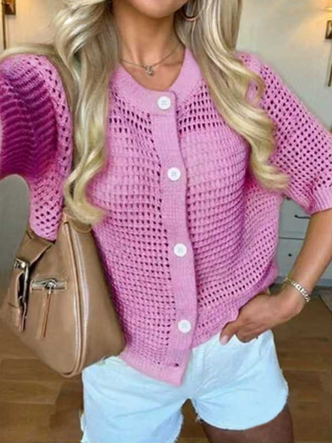 Women's Knit Short Sleeve Open Front Cardigan Top with Round Neck and Hollow Design Solid Color Sweater