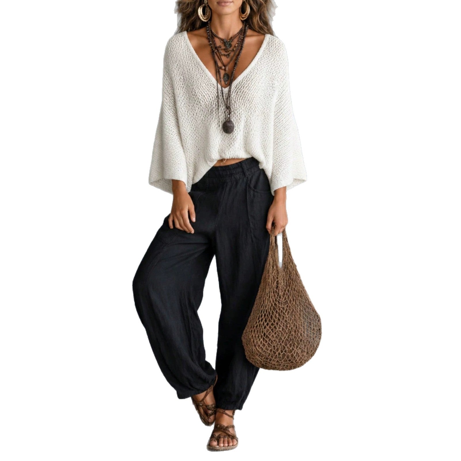 Retro Beach Hollow Knit Sweater Deep V Neck Drop Shoulder Batwing Sleeve Loose Slim Fit Solid Color Pullover Top