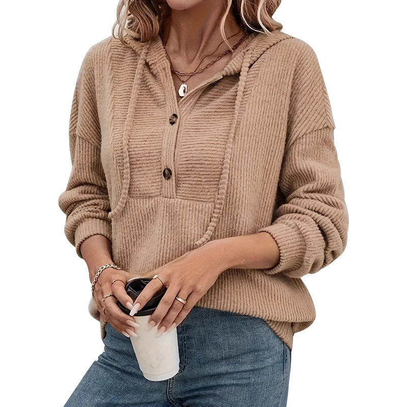 Hooded Ribbed Long Sleeve Sweatshirt Top Style Autumn Winter