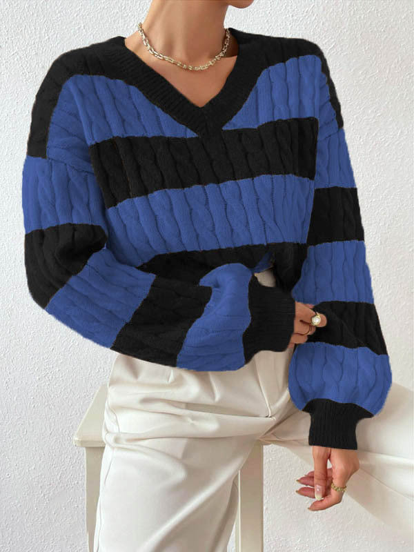 Autumn Winter Knitwear Fashion Vintage Striped Color-block Sweater Loose Casual Versatile Top