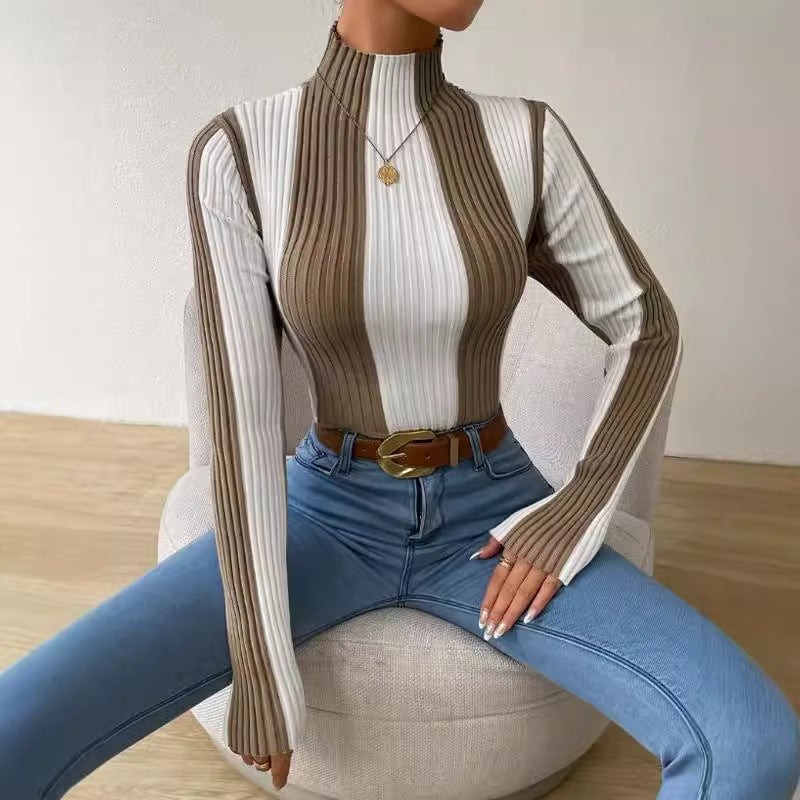 Women's Autumn/Winter Classic Black and White Contrast Vertical Stripe Knit Top, Slim Fit, Body-hugging Inner Layer Shirt