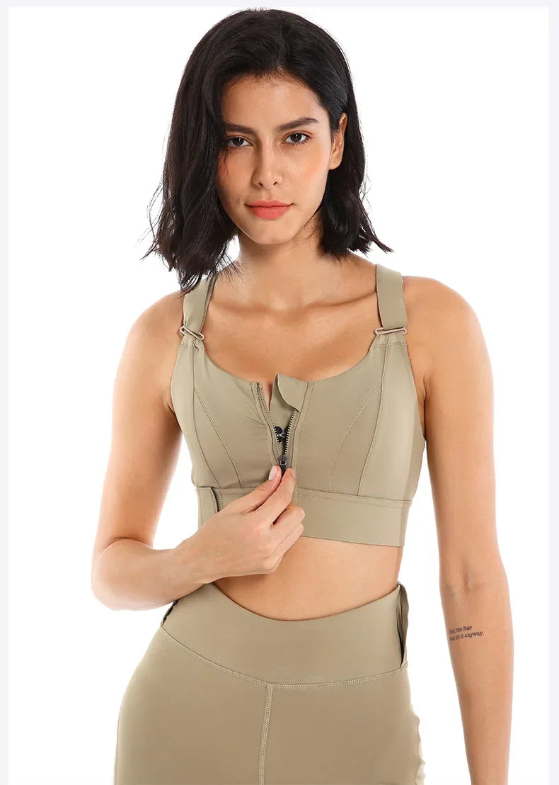 Sports Bras Tights Crop Top Women Yoga Vest Front Zipper Plus Size Adjustable Strap Shockproof Gym Fitness Athletic Brassiere