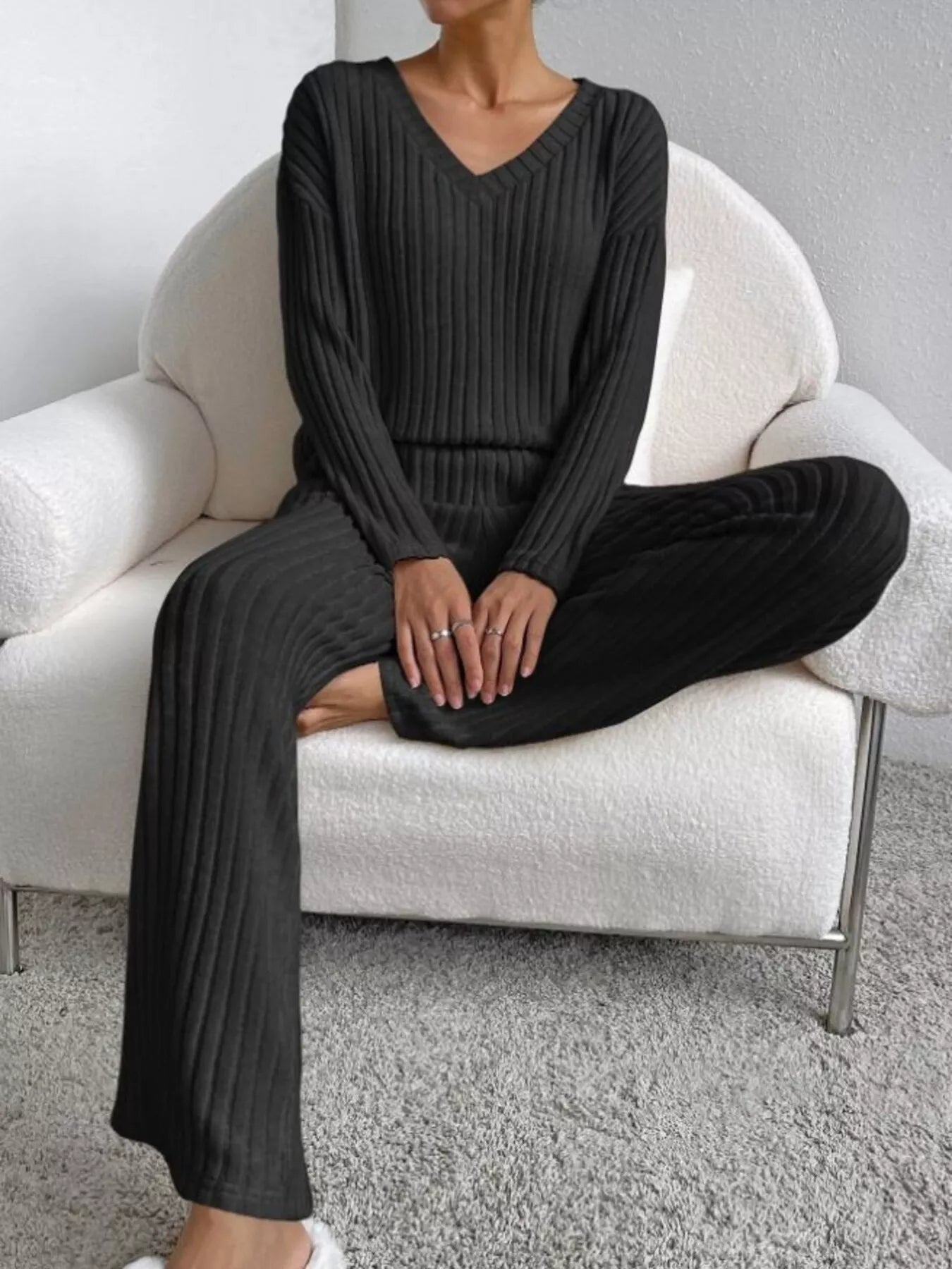 Ribbed Knit V-Neck Top and Pants Set