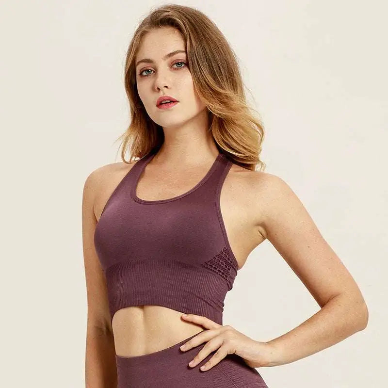 Purple Ribbed Mesh Shockproof Sports Bra